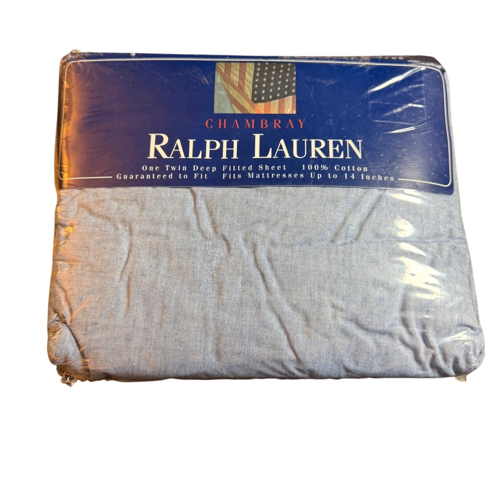 VTG Ralph Lauren Chambray Twin Fitted Sheet Blue Denim Cotton USA Flag NIP NOS